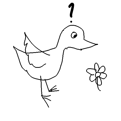 A simple line-art drawing of a bird looking inquisitively at a flower.